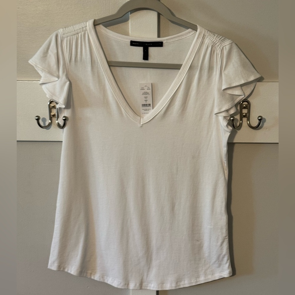 White House Black Market White Ruffle Sleeve Tee